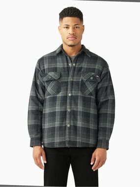 Dickies Men's Plaid Shacket Jacket Sherpa Lined Button Front Gray Black XL